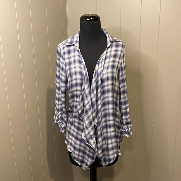 About a Girl Small Open Long Sleeve Shirt Cardigan Plaid Blue/White - Picture 1 of 8